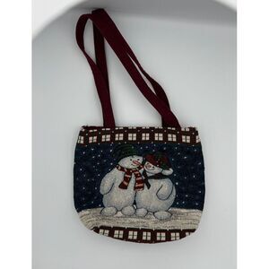 Festive Snowman Winter Holiday Tapestry Tote Bag with Burgundy Straps VINTAGE